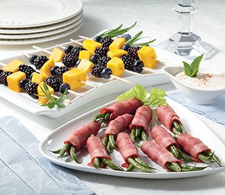 Blackberry Blueberry Mango Skewers and Bacon-Wrapped Green Bean Bundles